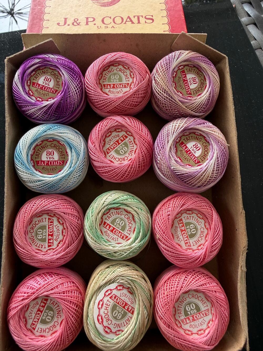 Vintage J&P. Coats Tatting Thread  Original Box 12 mixed colors- 60 & 80 yards
